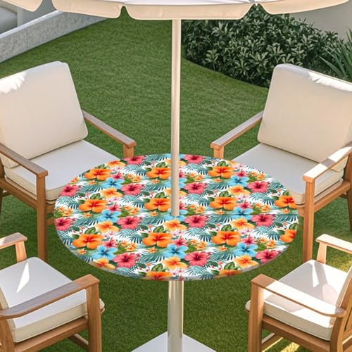 Chickwin Elastische Tischdecke Runde mit Sonnenschirm Loch und Reißverschluss, Outdoor Wasserdicht Tischdecke 3D Sommer Blumen Gartentischdecke für Terrasse Party BBQ (rote Blume,91-111cm)