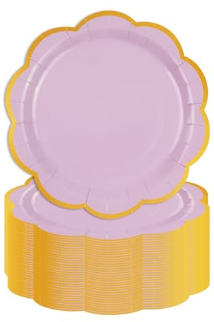 EVYIENEN 50 Pcs Light Purple Scalloped Paper Plates,9 Inches Gold Foil Disposable Paper Party Plates for Cake Dessert Birthday Wedding Baby Shower Party Decorations