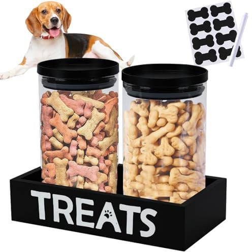 Geyecete dog treat container Wood Dog Treat Holder with 2 glass dog treat jar pet food storage containers for Countertop dog organization and storage