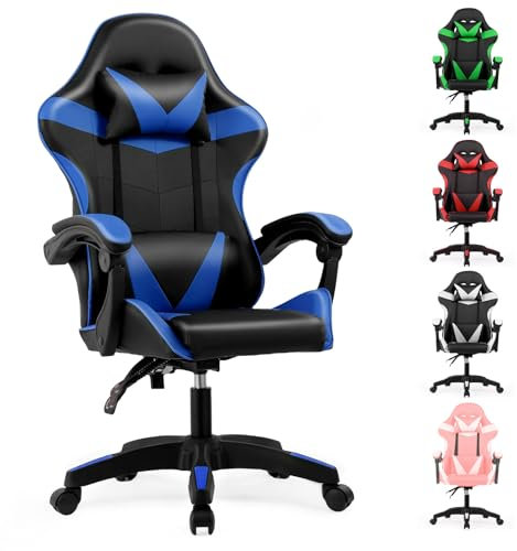 Lishetimig Gaming Chair, Computer Chair with Lumbar Cushion, Headrest, Height-Adjustable Ergonomic Gaming Chairs for Home, Office (Blue)