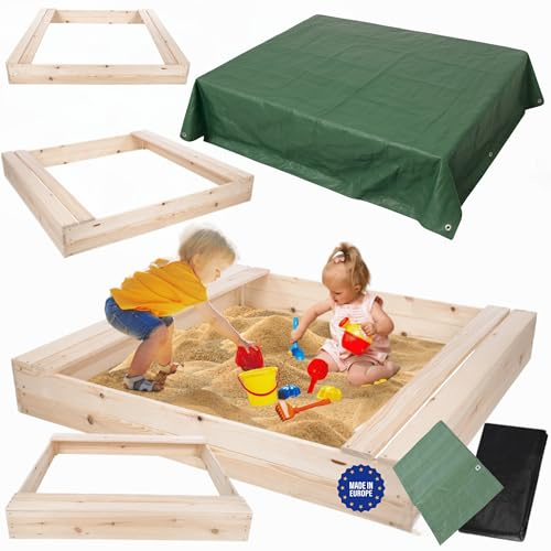 MODO24 Sandkasten mit Sitzbänken und Schutzplane, Holzsandkasten, Gartenspielzeug für Kinder, Sandkasten für Garten, Outdoor Sandkasten, Abmessungen 140x137 cm, Farbe: Naturholz (unbehandelt)