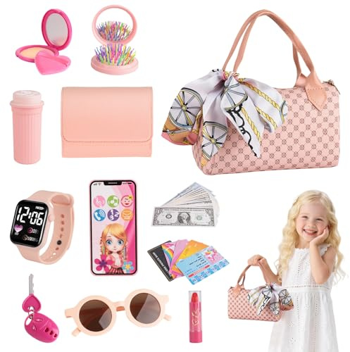 Handtasche Mädchen Set mit Spiel-Make-up – Kreatives Rollenspielspielzeug, Mädchen im Alter von 3 bis 6 Jahren, Mit Tasche, Zubehör und Schminkset