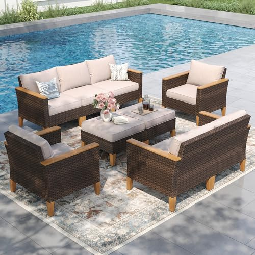 PHI VILLA Patio Sectional Wicker Furniture Set Oversize, 9-Piece Outdoor Rattan Conversation Seating Large Sofa Set for 9 Seats with Cushions, Beige