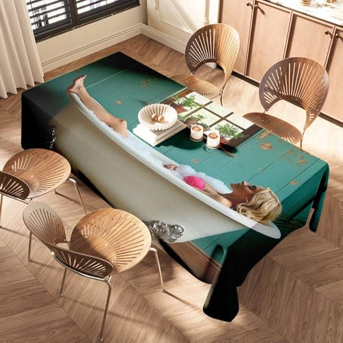 Blue Table Runner Woman Relaxing In Clawfoot Bathtub With Plants On Windowsill. Elastic Edged Table Cover Waterproof Tablecloth Black Tablecloths