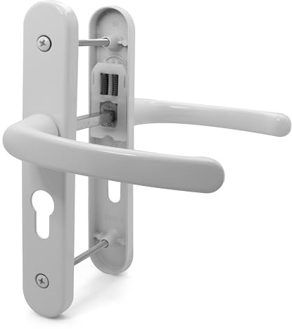 TSS UPVC Door Handle Set, 48mm PZ (Centres), Lever/Lever, Screw to Screw 160mm with Backplate 215mm x 34mm - Replacement PVC Door Handle (White)