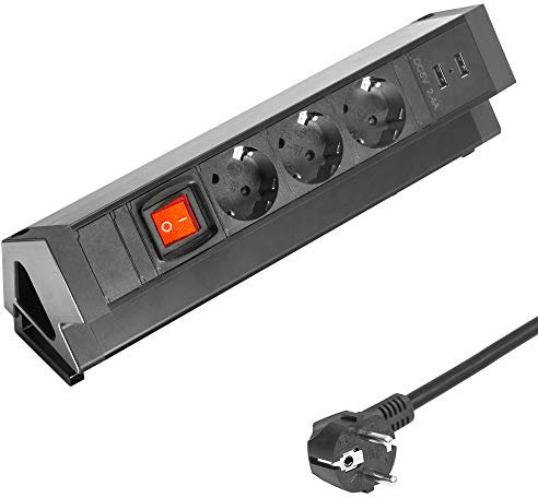 Elbe Tischsteckdose 3 Fach, 2 USB, mit Schalter, klemmbare Mehrfachsteckdose mit Überspannungsschutz aus Aluminium und flammhemmender Kunststoff, 1,5m Anschlusskabel, für Büro, Küche, Werkstatt