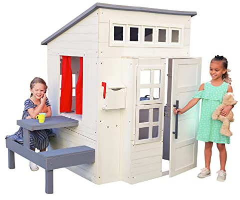 KidKraft Modernes Kinderspielhaus Outdoor Holz, Spielhaus Garten Kinder Holz für 3 bis 10 Jahre, mit Picknicktisch, Spielgrill, Briefkasten, Tafelwand und wetterfestem Dach, Gartenhaus, Weiss