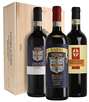 Fattoria dei Barbi - Sangiovese Brunello di Montalcino, Chianti, Morellino di Scansano, Cassetta di legno da 3 bottiglie 0,75 L