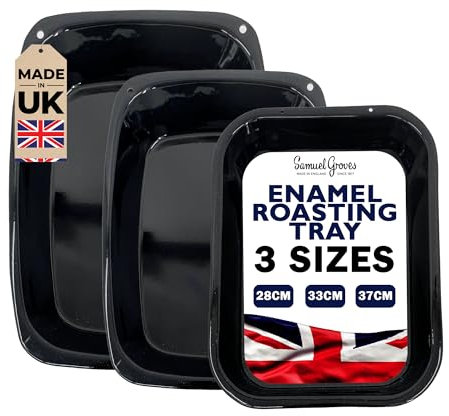 Samuel Groves - 3 Piece Vitreous Enamel Roasting Tin Tray Set - 37cm / 33cm / 28cm, Made in England by Chabrias LTD, Black, GBB004/SET