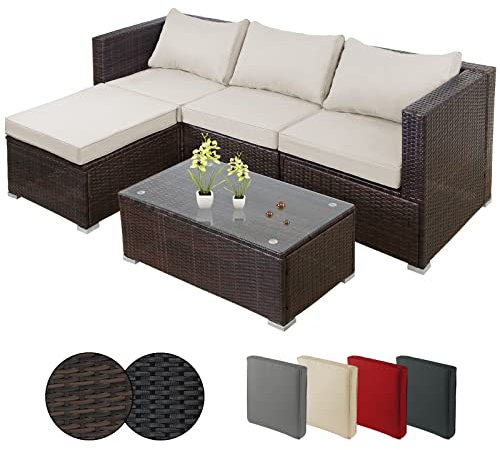 Montafox Poly Rattan Lounge Sitzkissen 8cm Gartenmöbel Ecklounge Frei Kombinierbare Elemente Ecksofa Gartengarnitur Garten Balkon Terrasse Outdoor, Farbe:Schwarz-Braun meliert/Sandstrand