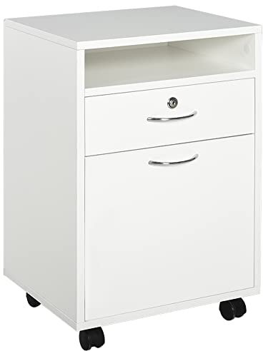HOMCOM Schedario da Ufficio con Cassetto, Ruote a Freno e Ripiano Aperto, Cassettiera Ufficio con Serratura e 2 Chiavi per Lettera/Legale/Formato A4, Armadietto Verticale per Studio, 40x35x60cm Bianco