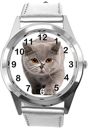 TAPORT® Silberne runde Lederuhr für britische Kurzhaarkatzen-Fans, silber, Klassisch