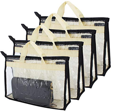 ShawFly 4pcs Handbag Storage Dust Cover, Upgrade Thicken PVC Transparent Anti-dust Purse Storage Bag for Hanging Closet and Handle Space-saving Storage Bag, with Zipper and Handle (Beige)