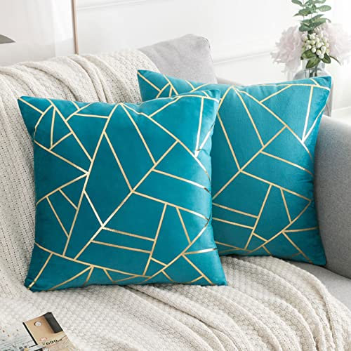 ETOLISHOP 18 x 18 Teal Kissenbezüge Samt Wurf Kissenbezug Türkis und Gold Dekoratives geometrisches Kissen für Sofa Couch Wohnzimmer