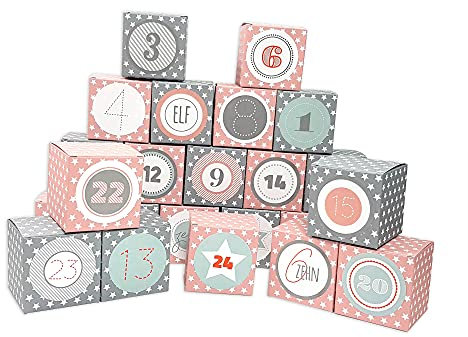 Frau WUNDERVoll® DIY Adventskalender Vorfreude zum Befüllen, Faltschachteln 12x rosa, weiße Sterne,12x grau, weiße Sterne 7x7x7cm(gefaltet),XL Ziffern pastell/Weihnachten, Würfelbox, Schachteln
