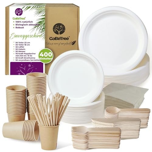 GoBeTree Vajilla Desechable de 400 pcs para 50 personas, Platos desechables de Caña de Azúcar y Cubiertos desechables de Madera, vasos desechables Kraft Para Cumpleaños infantil, fiestas y barbacoas