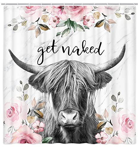 Uokiuki Farmhouse Highland Cow Stoff Duschvorhang Lustig Niedlich Duschvorhang Get Naked Duschvorhang und Blume Duschvorhang Rosa Grau Duschvorhang mit Haken 175 x 178 cm