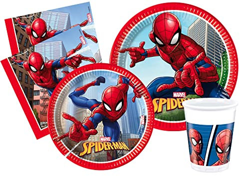 Kit Vajilla de Fiesta Marvel Spider-Man Crime Fighter para 8 personas (44 pcs: 8 platos Ø23cm, 8 platos Ø20cm, 8 vasos 200ml, 20 servilletas 33x33cm)
