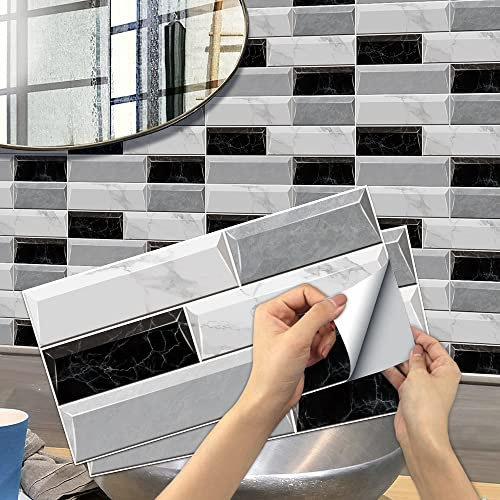 Alwayspon Wandfliesenaufkleber, selbstklebend, Vinyl-Wandfliesen-Transfer-Aufkleber für Wohnzimmer, Küche, Badezimmer, zum Aufkleben auf Fliesen, 15x30 cm, 12 Stück, schwarz weiß grau Marmor