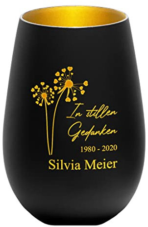 Windlicht aus Kristallglas in schwarz-Gold mit personalisierter Gravur - Motiv: Pusteblume - Made in Germany - Glas Kerzenhalter, LED-Licht - Kondolenzgeschenk - Trauer, Andenken - nachhaltig