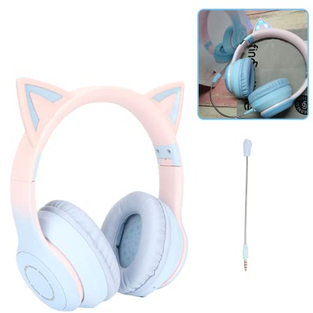 Casque Chat, casque sans fil Bluetooth 5.1 Chat, câble AUX 3.5mm, casque pliable, bandeau ajustable, mic détachable, 7 couleurs de lumières LED et 4 modes LED, convient aux filles et adultes (Bleu)