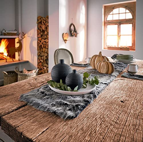 Tischläufer aus Kunstfell in verschiedenen Optiken, Veloursoptik, Mitteldecke, Tischdekoration Tischdecke Hirsch, Tischläufer:Dunkle Fell 33x140