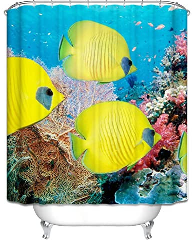 EHOMERY Duschvorhang Extra Breit Kurze Duschvorhänge Für Badewanne Meeresfische Duschvorhang Stoff Duschrollo Textil Polyester Rostfreie Ösen Und 12 Hakenringe, 90X180Cm