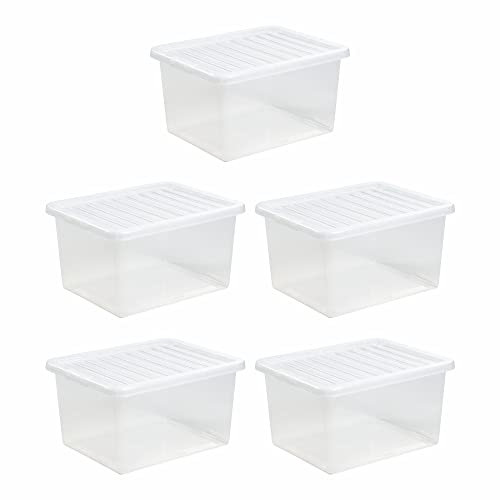 JMS we create smile (Set of 5 37L Crystal Clear Plastic Storage Box With Lid Storage Container Stackable & Nestable Great For Living Room Bedroom Shoes Toys Garage Office Home & Kitchen