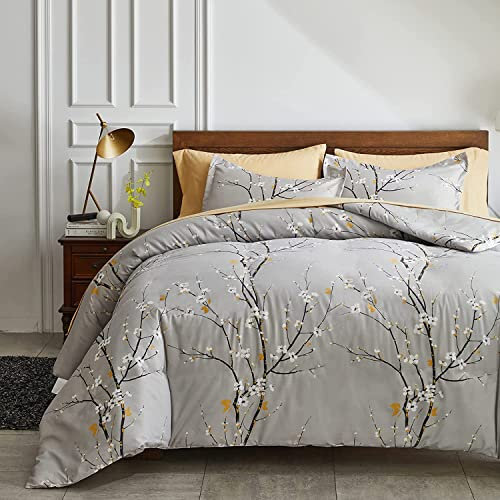 Lanqinglv Bettdecke 155x220cm Ganzjahresdecke 4 Jahreszeiten,Grau Weiß Blätter Blumenmuster Steppdecke für Allergiker Zudecke Schlafdecke Duvet 155x220 mit 1 Kissenbezug 80x80cm