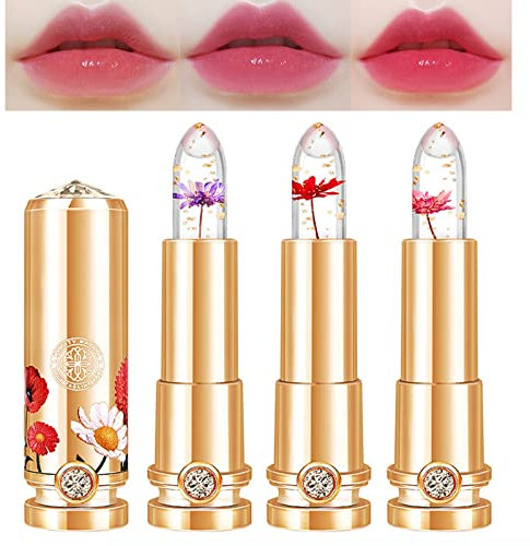 3 Stück Kristall Blumengelee Lippenstift Set,Klarer floraler Lippenstift,Magische Temperatur Farbwechsel Lipgloss langanhaltend klar nahrhafte Feuchtigkeitscreme Lippenbalsam (#1+#2+#3)
