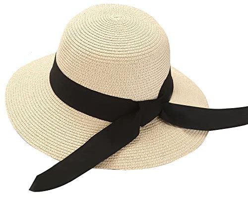 Eight Space Sonnenhut Damen, Strohhut Damen, Faltbarer Sonnenhut, UV Schutz 50, Strohhut für Sommer, Strandkappe mit Schleife (Beige)