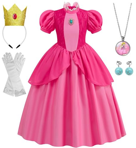 WIOLETA Princess Peach Costume Peach Kostüm Rosa Prinzessin Kleid Mädchen Prinzessin Kostüm Mädchen mit Krone, Ohrringen, Halskette, Handschuhen für 3-10 Jahre