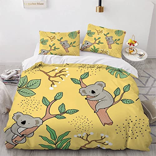AKATIE Bettwäsche Koala Süß Bettwäsche 135x200 Kinder Cartoon-Tiere Gelb Bettbezug Set Weich Microfaser Kinderbettwäsche 3 Teilig Mit ReißVerschluss Mit 2 Kissenbezug 80x80 cm