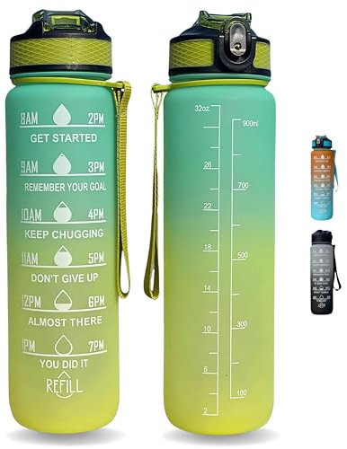 Repton 1L Sports Water Bottle with Motivational Time Marker | Leak-proof Drink Tritan Bottle BPA Free Non-Toxic for Running, Cycling, Gym, School & Office (Green & Yellow)