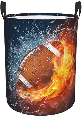 Gbuzozie American Football Ball In Fire And Water Round Laundry Hamper Sport Rugby Storage Basket Toys Clothes Organizer Bin For Home Bathroom Bedroom Dorm Nursery, 38l