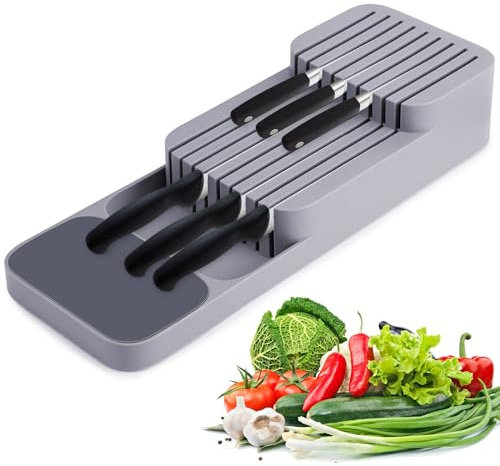 Messerhalter Schublade, Knife Holder, Schubladeneinsatz Messer, Messeraufbewahrung, Messer Organizer Schublade, mit Anti Rutsch Pad Geeignet für Schubladen und Arbeitsplatten(Grau)