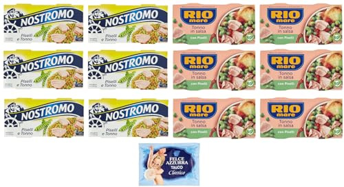 12er-Pack Testpaket Rio Mare Nostromo Thunfisch und Erbsen Fertiggericht, 2x150g + 1er-Pack Kostenlos Felce Azzurra Talkumpuder, 100g-Beutel
