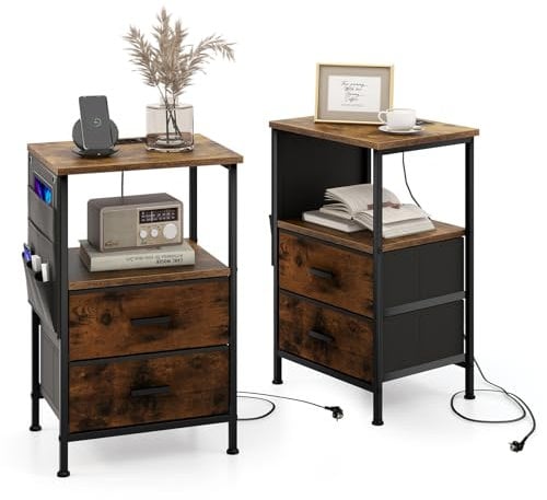COSTWAY 2er Set Nachttisch mit Ladestation, Beistelltisch industriell mit 2 Schubladen & 6 Seitentaschen, Nachtschrank mit USB-Anschlüsse & Steckdosen für Schlafzimmer, Wohnzimmer, 38 x 30 x 60 cm