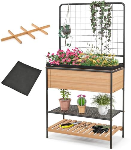 GiantexUK 3 Tier Raised Garden Bed with Trellis, Wooden Garden Planter Pox with Removable Grid Divider, Liner, Drain Hole & 2 Shelves, Outdoor Elevated Flower Vegetables Herbs Climbing Plants Grow Box