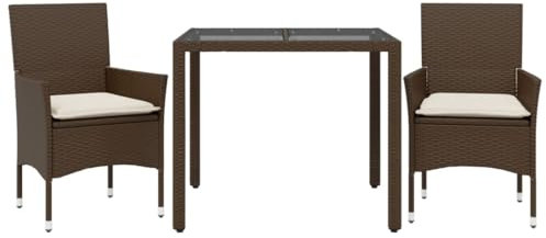 vidaXL Garten Essgruppe 3-TLG., Gartenmöbel Set mit Kissen, Gartengarnitur Tisch 2 Stühle, Lounge Sitzgruppe Sitzgarnitur, Braun Poly Rattan Glas