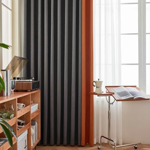 Ayoiow Gardine Blickdicht Rollo, Verdunkelungs-Vorhang Gardine Mit Ösen, Chenille Thermovorhang 2Er Set, Dunkelgrau Und Orange, 137X183CM