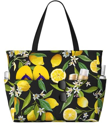 BREAUX Borsa tote con stampa giallo limone, borsa per la spesa alla moda, borsa da viaggio da spiaggia di grande capacità, borsa per la spesa, nera, taglia unica, Nero , Taglia unica