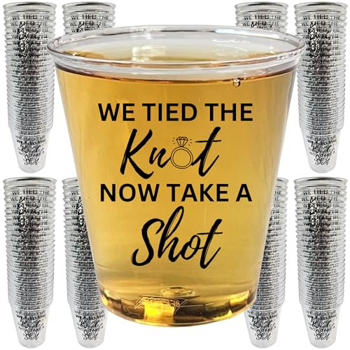 Cloverjoyed Disposable Plastic Wedding Shot Glasses, 200 Pack, We Tied the Knot Now Take a Shot with Wedding Ring Design - Perfect for Weddings, Bridal Showers, Engagement Parties