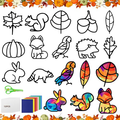 YAOZUP Herbst Basteln Kinder,12 Stück Fensterbilder Basteln, Basteln Herbst,Herbst Basteln für Kinder,DIY Bastelset Blätter Deko,Herbst Basteln Kinder Set,Herbst Halloween Kinder,Kinder Geschenk (A)