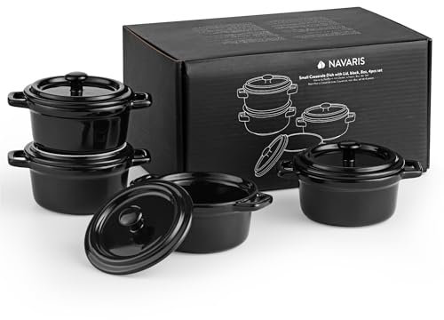 Navaris Mini Cazuelas de Cocina - 4x Cacerola Horno con Tapa de Cerámica - Cazuelitas Individuales 14 x 11 x 7 cm - Cacerolas para Lasagna Postres Sopas - 4x Cazuela Cocotte Negra
