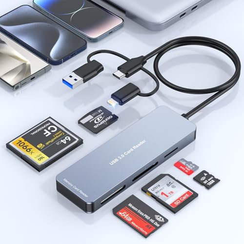 5 en 3 Lector de Tarjetas SD Aluminio Lector de Tarjetas de Memoria Stick Pro Duo Adaptador,USB-C+Lightning+USB3.0 para Micro SD/MS/CF/SD/XD/MS, 5 Tarjetas Simultáneamente para iPhone/iPad/Mac/Samsung