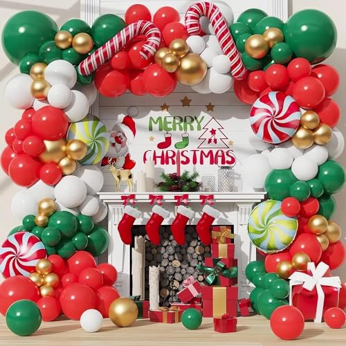 Weihnachtsballonbogen-Set, 135-teiliges Weihnachtsballon-Girlandenbogen-Set mit roten und grünen Latexballons, Zuckerstangen-Folienballons für Weihnachtsfeier, Weihnachtsdekoration,