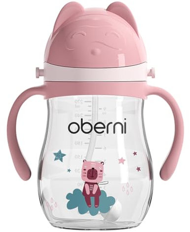 Oberni Baby Sippy Cup with Handle & Strap, Non-Spill Water Bottle for 6 12 Months + Toddlers, BPA-Free | Tritan | Dishwasher Safe | Leak Proof Valved Spout | 270ml 9oz | Pink (1 Pack)