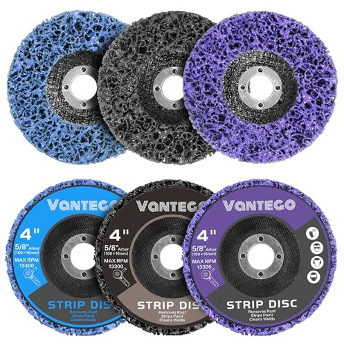 Vantego 6-Pack Paint Stripping Discs 4” x 5/8” for Angle Grinder Rust & Paint Remover, Includes 2 Purple, 2 Blue, 2 Black