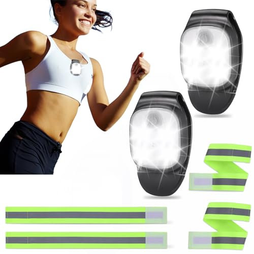 JIZZU 2 Pièces Lumières de Course à Clip,4 Pièces Bracelets Réfléchissants,LED Lampe de Poitrine,Lampe Frontale 4 Modes d'éclairage pour Course de Nuit,Coureurs,Joggers,Camping,Promenades de Chiens